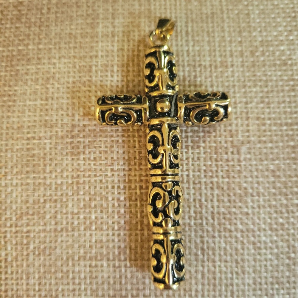Gold Tone Ornate Filigree Cross Pendant Religious Jewelry 2 Inch Gothic